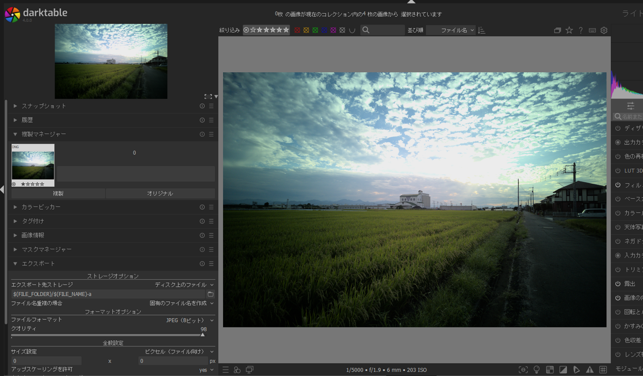 darktableでdngを開くと、歪みは確認できないが周辺減光がすごい